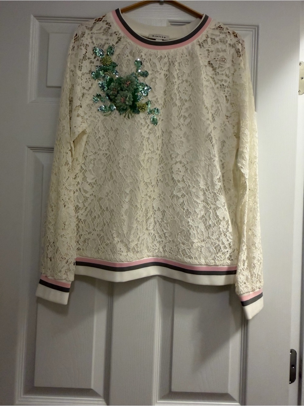 Ivory Lace Crewneck Sweatshirt with Green Sequin Floral Applique - Unbranded
